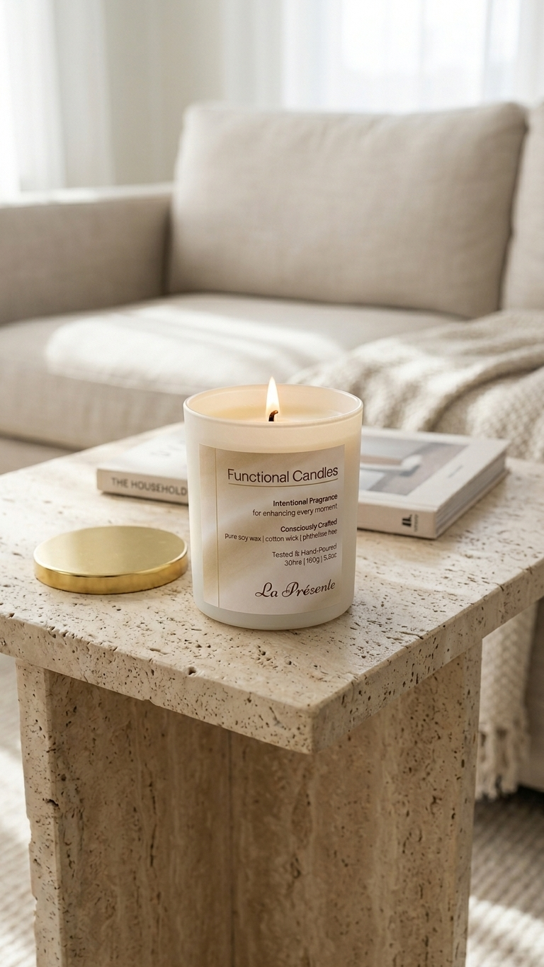La Prézente premium soy wax candle lit